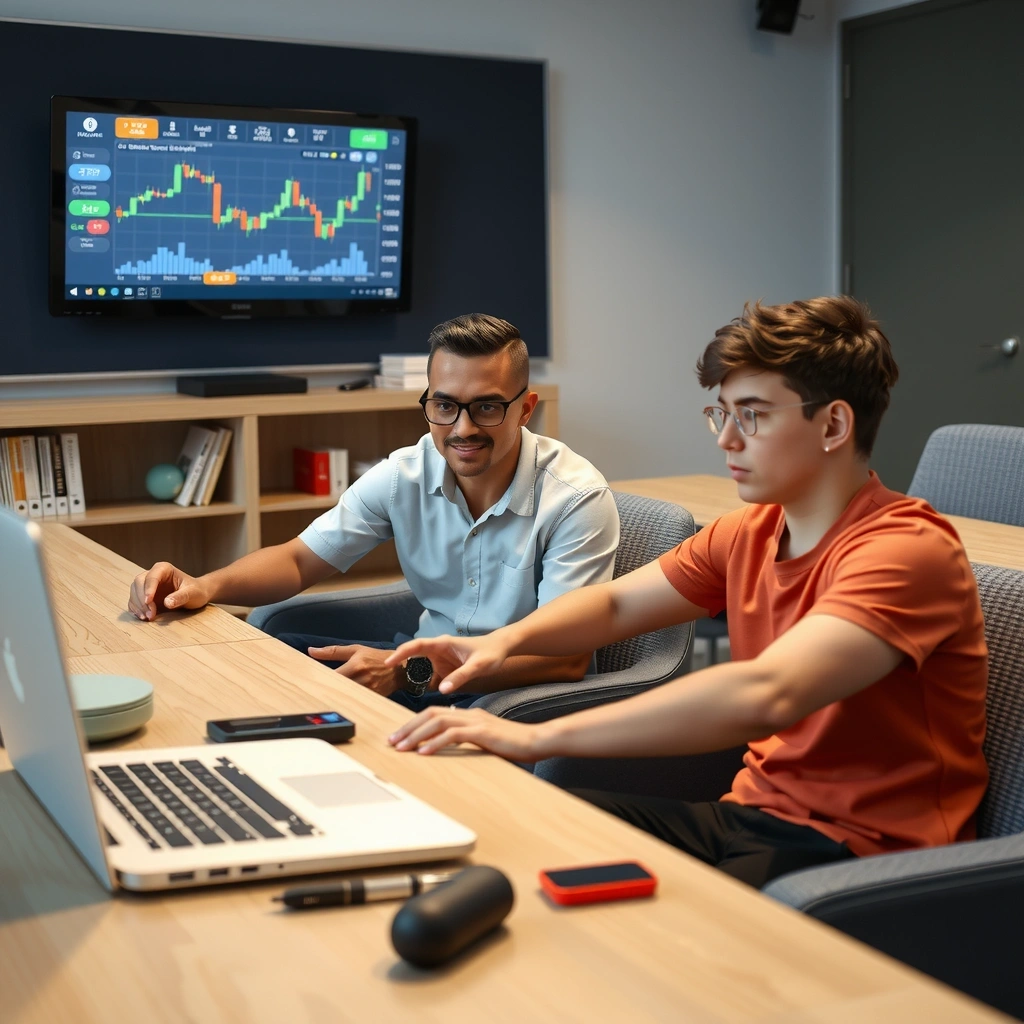 Estudiantes aprendiendo finanzas a través de juegos interactivos en dispositivos digitales