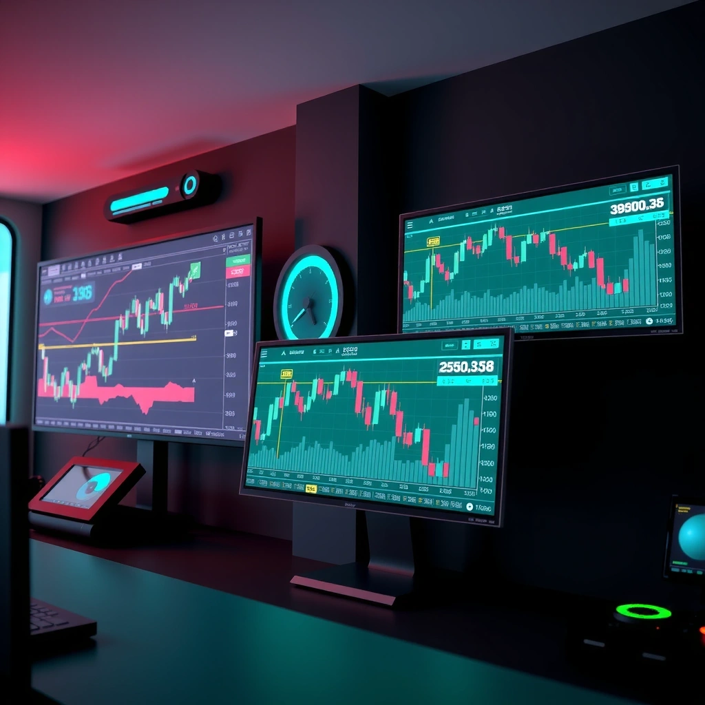 Plataforma de gaming financiero con interfaces de trading y gráficos de mercado